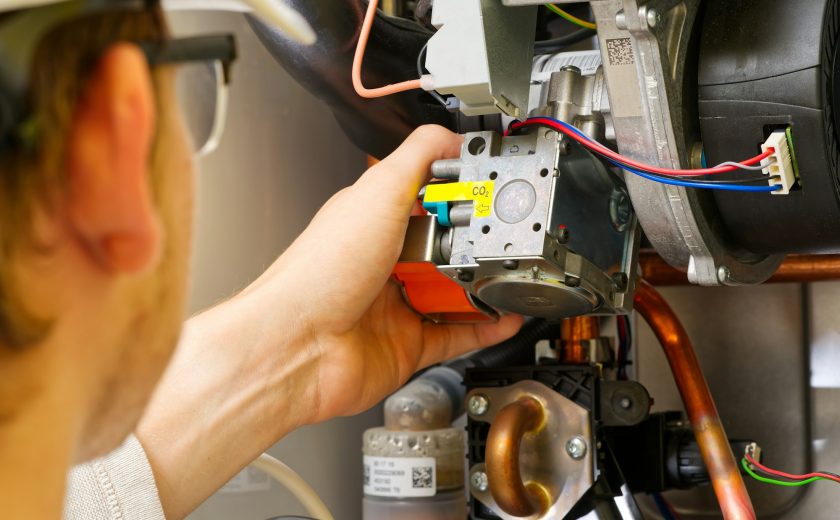 Technician servicing or Repair of a gas boiler, setting up and servicing. gas boiler for heating